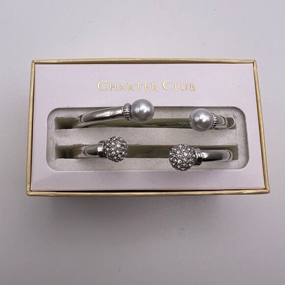 Charter Club 2 Piece Set Pavé Bead & Lavender Imitation Pearl Cuff Bracelets New - Picture 3 of 6